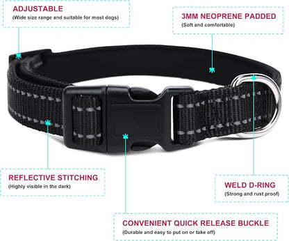 Soft Neoprene Padded Dog Collar and Leash Set for Small Medium Large Dogs, Reflective Durable Nylon Dog Collar with 5ft Leash Easy for Walking, Black,Neck fit 14.0-23.5’’