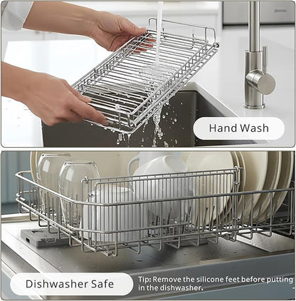 Foldable Dish Drying Rack, Small Dish Drying Rack for Narrow Kitchen Counter, Compact Dishes Drying Rack with Grey Drying Mat - Collapsible, Stainless Steel, Silver