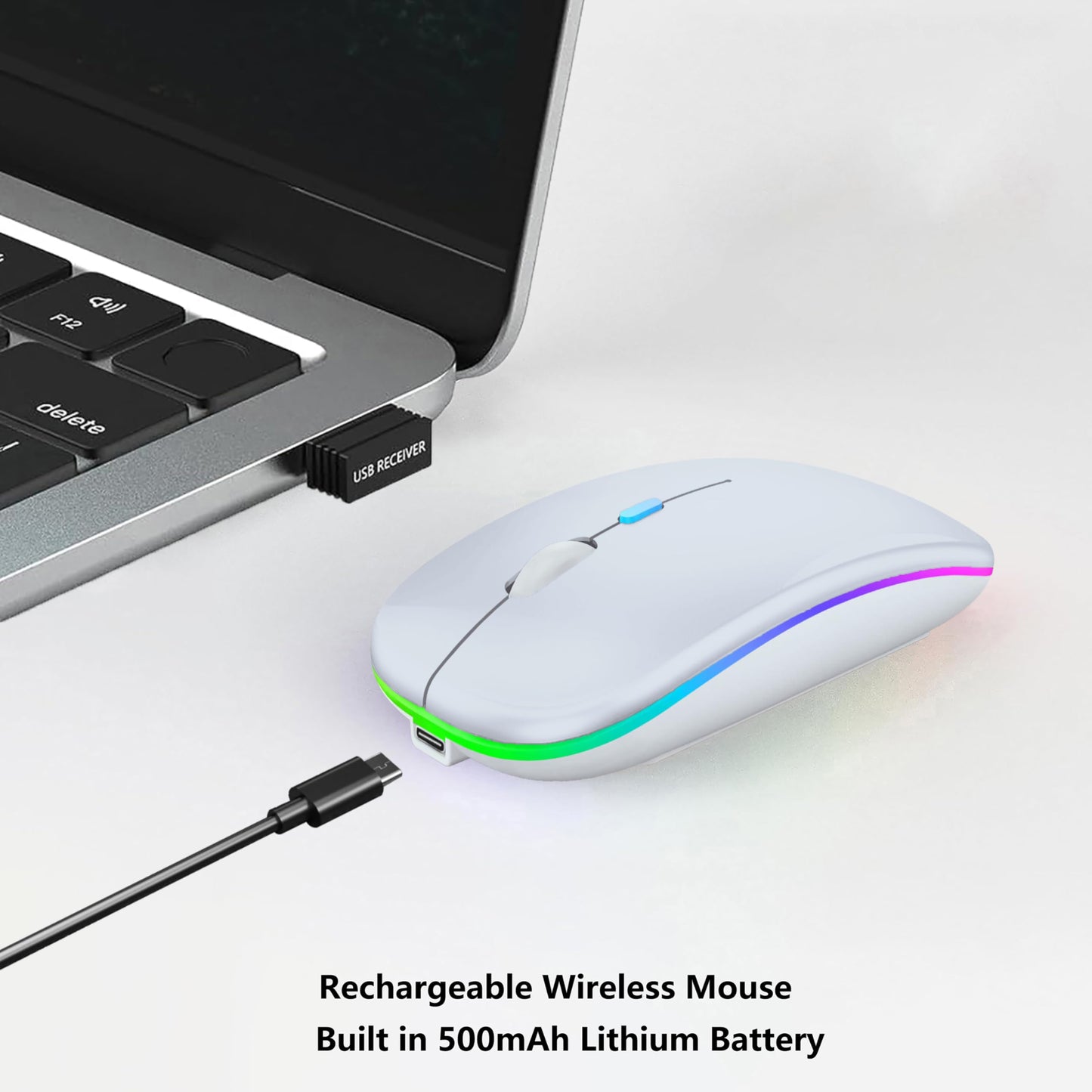 Wireless Bluetooth Mouse Rechargeable Laptop Mice with LED Lights Silent Slim Use(BT5.2 and 2.4G Portable USB Receiver)Dual Mode Computer Mouse for Laptop/iPad/Tablet/Apple/Computer/Mac(Black)