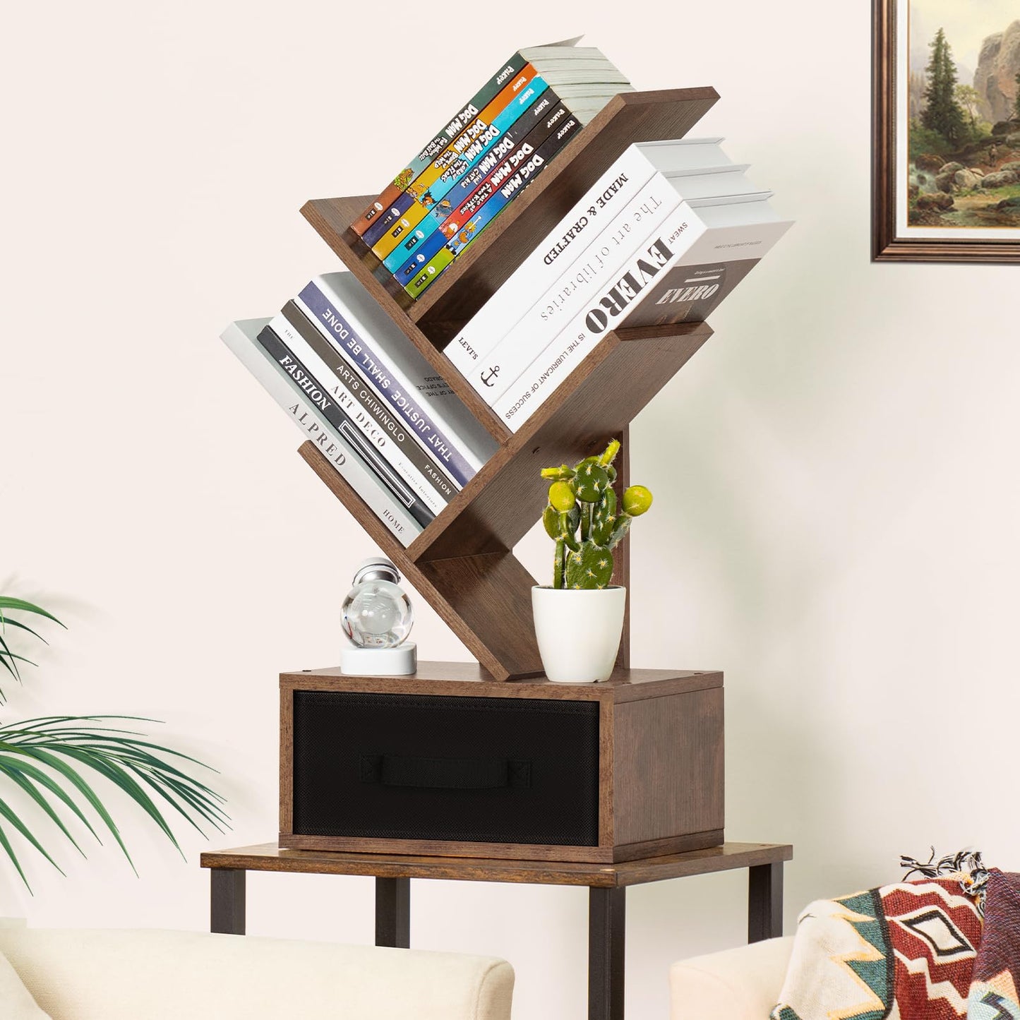 SHEEPAM Small Bookshelf with Drawer,4 Tier Tree Book Shelf,Wood Desk Bookshelves,Modern Free Standing Desktop Display Shelves,Brown Floor Standing Organizer Bookcase for Living Room,Bedroom,Office