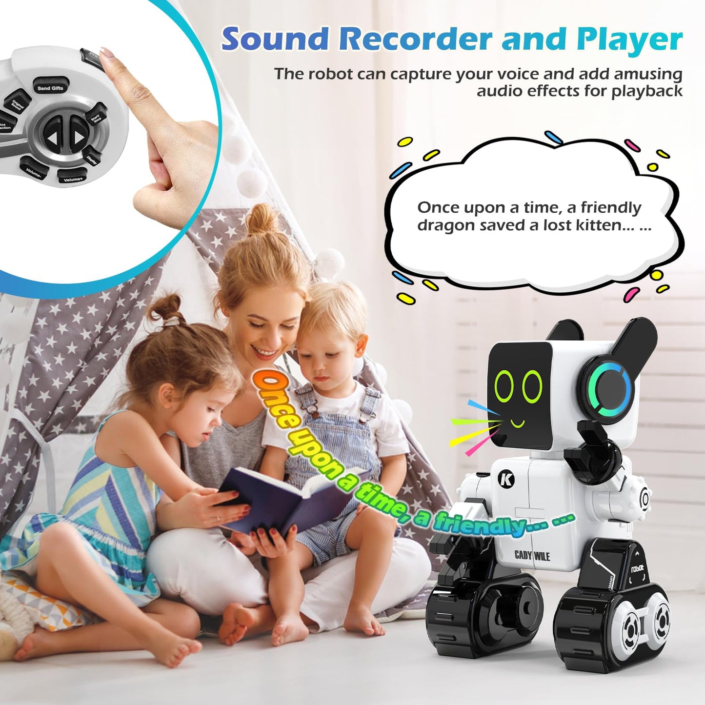 HBUDS Rechargeable RC Robot Toy for Kids - Interactive Intelligent LED Light, Speaks, Dances, Built-in Coin Bank (White)