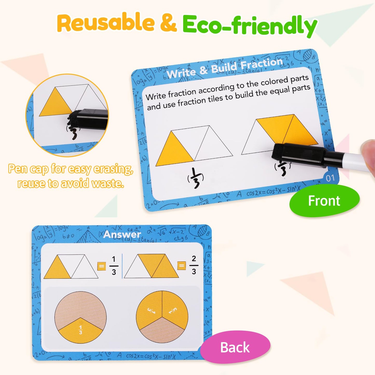 Fraction Manipulatives for Kids, Wooden Fraction Tiles, Fraction Circles & Fraction Bars, Montessori Math Manipulatives with 36 Activity Cards, Compare Fractions, Addition & Subtraction, Grade 1-4