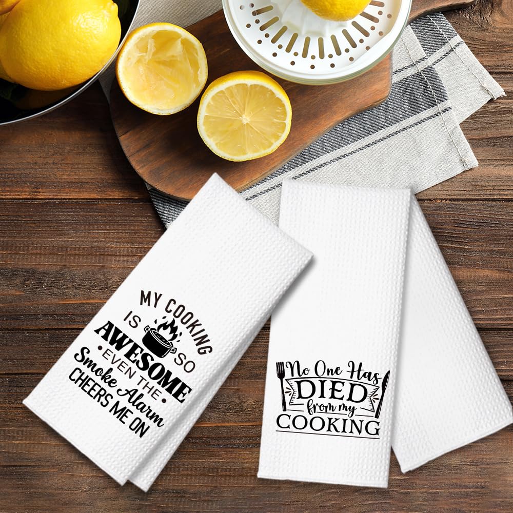 ZBBFSCSB No One Has Died from My Cooking Kitchen Towels 2 Pack, Kitchen Towels Set for Cooking Enthusiasts, Halloween Birthday Gifts for Wife Chefs Cooking Lovers, Fun Dish Towels with Sayings