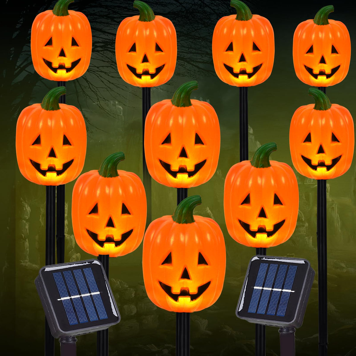 BRIGHTDECK Halloween Pumpkin Stake Lights, Set of 10 Decorative Solar Pumpkin Lights, Waterproof Halloween Decorations for Outdoor Garden and Yard