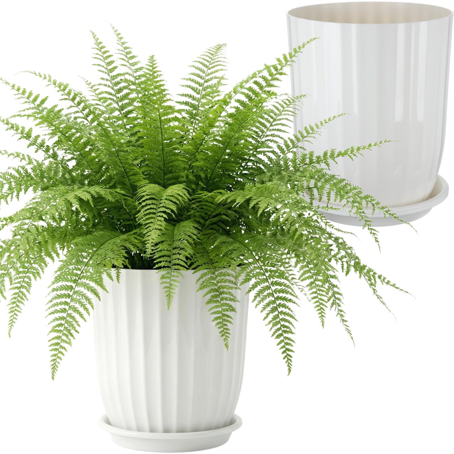 Briwooody 2 Pcs Tall Planter 15" Large Round Plastic Plant Pots with Drainage Hole and Tray White Modern Planter for Indoor Outdoor Plants Home Office Kitchen Bedroom Living Room Porch Patio Decor