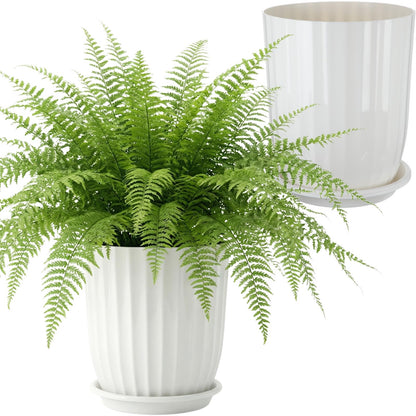 Briwooody 2 Pcs Tall Planter 15" Large Round Plastic Plant Pots with Drainage Hole and Tray White Modern Planter for Indoor Outdoor Plants Home Office Kitchen Bedroom Living Room Porch Patio Decor