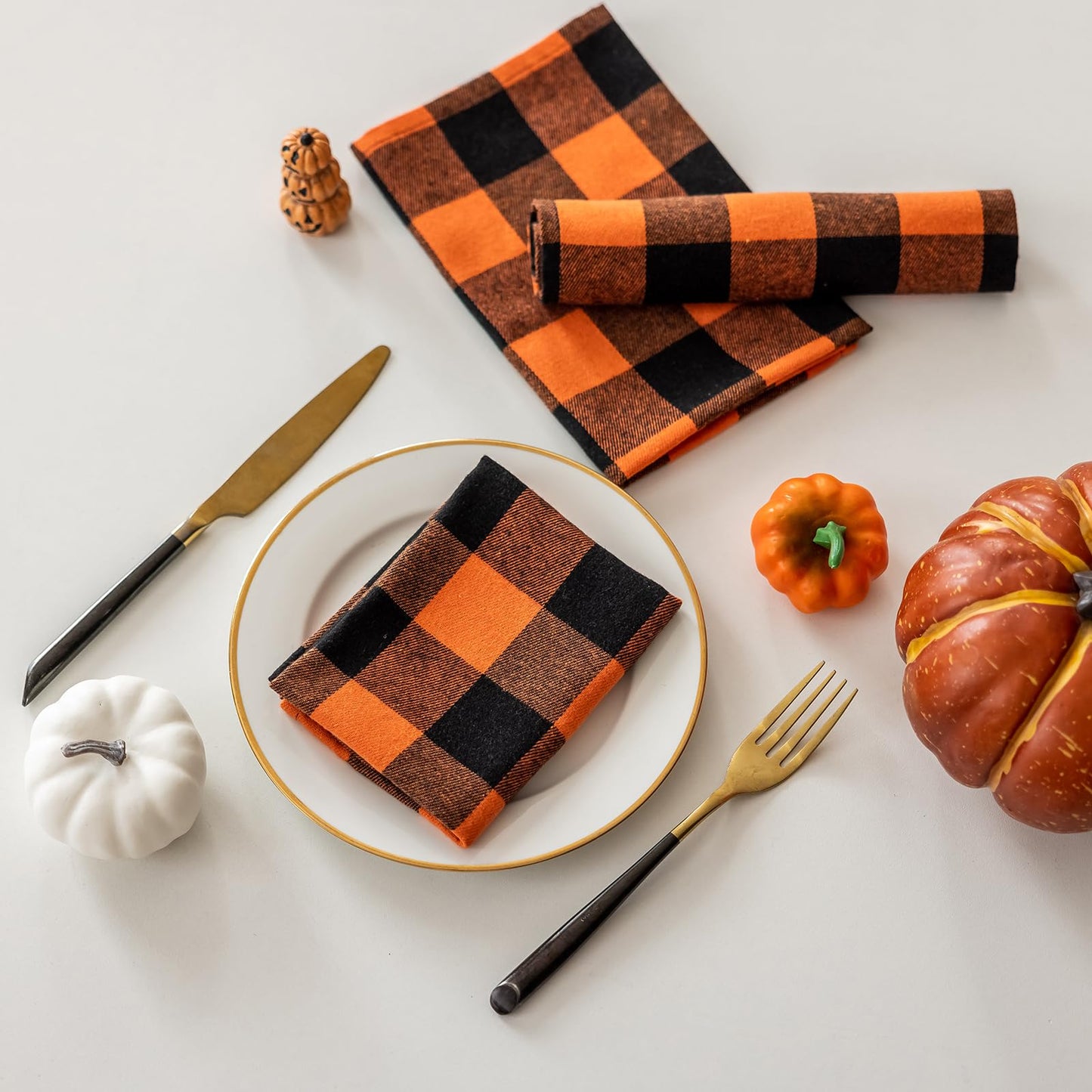 Joyfol Day 4-Pack Orange Buffalo Plaid Cloth Napkins - 17x17 Inch Halloween & Fall Checkered Dinner Napkins, Washable for Thanksgiving Table Decor (Set of 4)