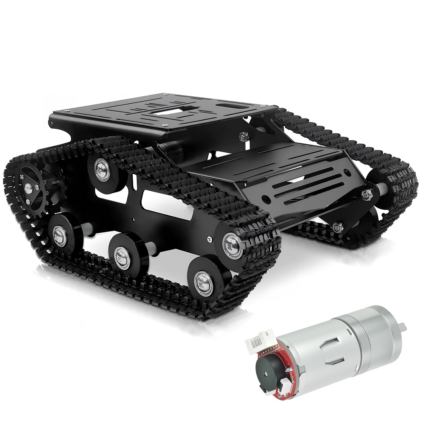 XiaoR Geek Smart Robot Car Chassis Kit Full Metal Big Tank Chassis with 2WD Motors for Arduino Raspberry Pi Jetson Python DIY Smart Car Learning Kit (Black, with Encoder Motor)