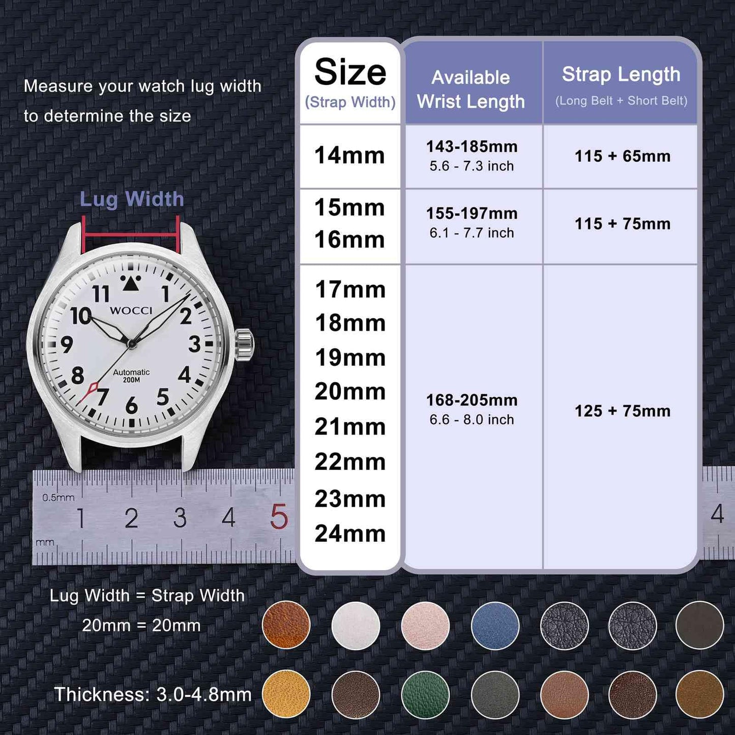 WOCCI 23mm Vintage Leather Watch Band for Men and Women, Gold Buckle (Black)