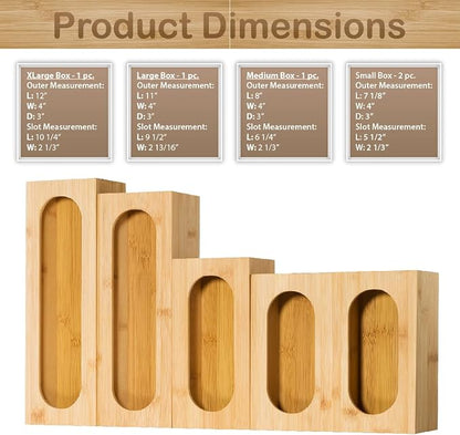 Bartnelli Sandwich bag organizer for Baggie Storage Organization, 5 PC Premium Bamboo Kitchen Drawer Organizer, Bag Holder Dispenser