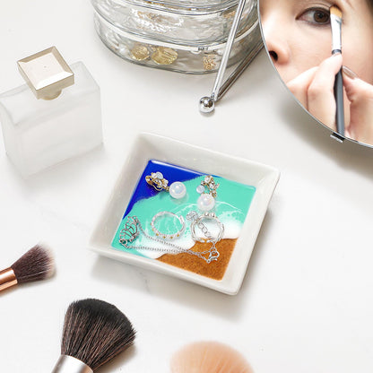 Beach Gift for Women Ocean Jewelry Tray Ring Dish Ceramic Resin Coastal Trinket Holder Necklace Ear Bracelet Storage Plate Summer Bedroom Bathroom Home Decor Housewarming Engagement Wedding Present