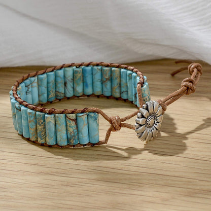 sedmart 7 Chakra Bracelets for Women with Real Stones Leather Wrap Healing Bead Bracelet Women Men Boho Friendship Jewelry… (Flower Button & Turquoise)