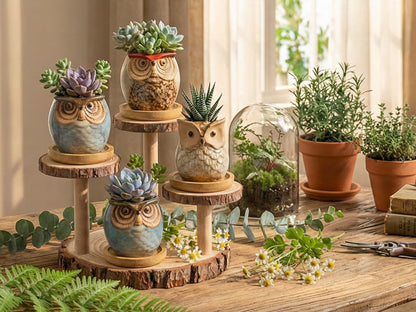 2.5"mini ceramic Cute Owl Animal Succulent Flower Pot Outdoor Bamboo Wooden Small Planter Stand Gift Set for Home,Office,Living Room,Bedroom Decoration,Windowsill,Indoor Desk,Kitchen Decor (3 Tier)