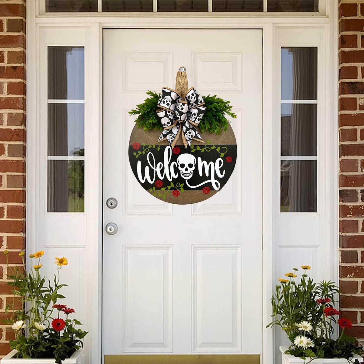 HONYUEYIM Halloween Wooden Hello Boo Ghost Bow Door Sign(Skull)