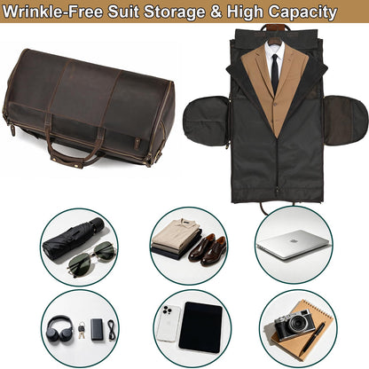 Yevabo Full Grain Genuine Leather Garment Bag for Men 2 in 1 Convertible Suit Travel Duffel Weekender Overnight Bag with Shoe Compartment Business Carry On Luggage, Dark Brown