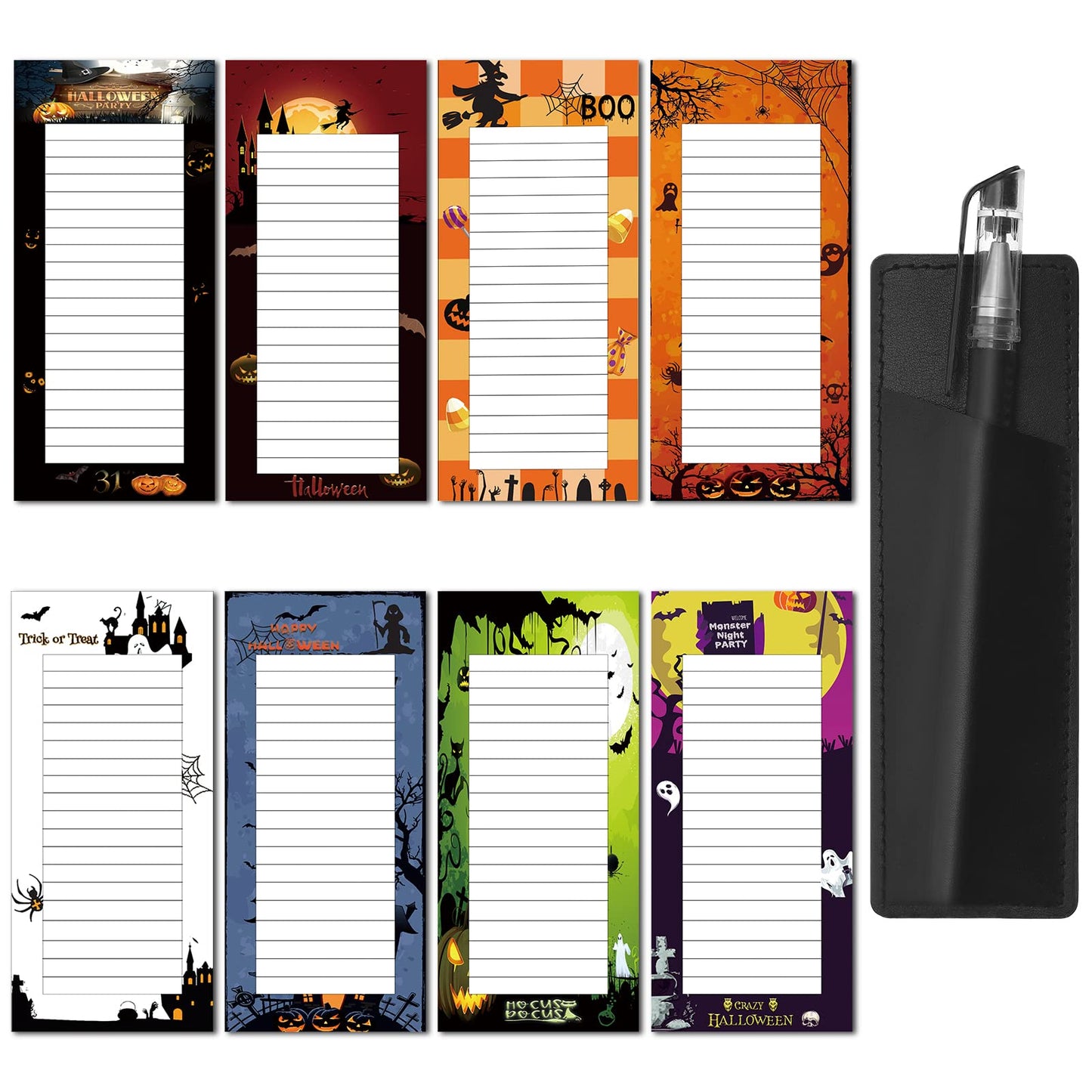 8 Pcs Halloween Magnetic Notepads with Pu Leather Pen Holder Magnetic To Do List Reminder Memo Pad Halloween Magnetic Grocery List Pad for Fridge Magnetic To Do List for Fridge Shopping Grocery Memo