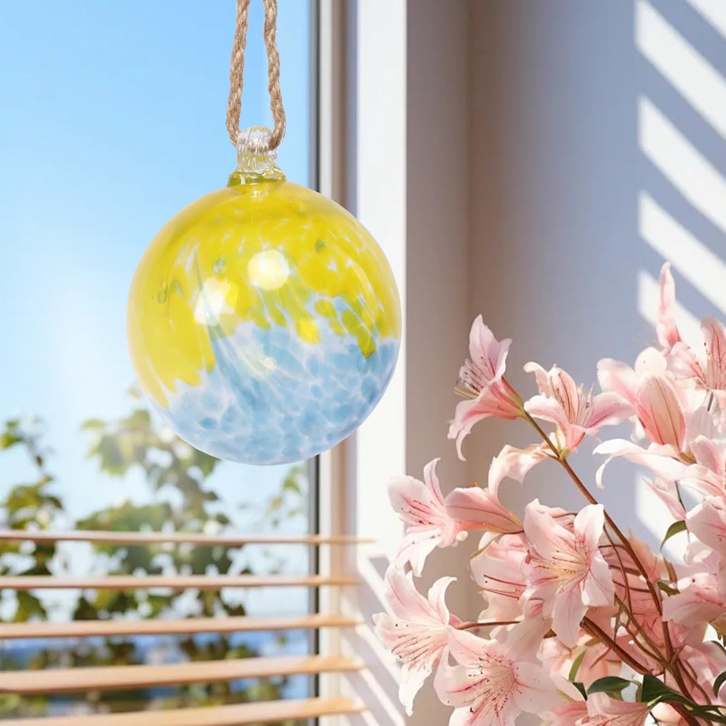 VCUTEKA Hanging Garden Gazing Ball, Hand-Blown Glass Witch Ball for Outdoor Garden Décor, 6" Blue Yellow Swirl