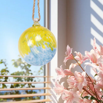 VCUTEKA Hanging Garden Gazing Ball, Hand-Blown Glass Witch Ball for Outdoor Garden Décor, 6" Blue Yellow Swirl