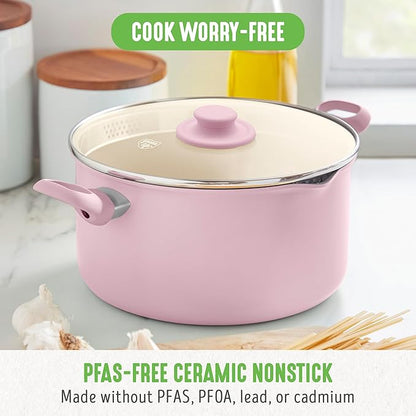 GreenLife 6QT Ceramic Nonstick Stockpot with Glass Straining Lid, PFAS-Free, Dishwasher Safe, Stay-Cool Handles, Oven Safe to 350°F, Wobble-Free Base, Even Heating, Pink