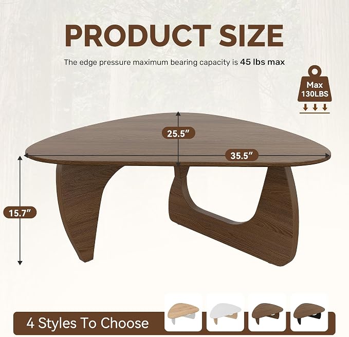 Modern Wood Coffee Table, Triangle Center Table with Premium Wooden Top& Unique Base, 35.5” Small Mid Century Tea Tables for Living Room, Apartment, Office,Walnut