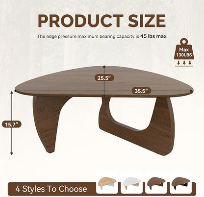 Modern Wood Coffee Table, Triangle Center Table with Premium Wooden Top& Unique Base, 35.5” Small Mid Century Tea Tables for Living Room, Apartment, Office,Walnut