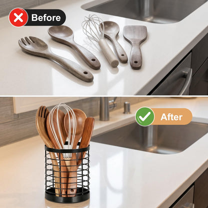 IWNTWY Utensil Holder for Kitchen Counter, Stainless Steel Utensil Crock for Cooking Tools, Spatula, Silverware Forks, Knives, Spoons Countertop Organizer