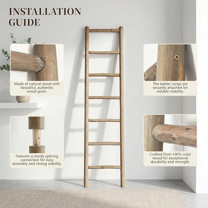 Wooden Blanket Ladder - 76in Natural Wood Color- Leaning Wall Decor for Bedroom, Bathroom, Living Room - Rustic Quilt Holder (Natural Wood Color (Knock Down), 76in(7-Rung) | Knock Down)