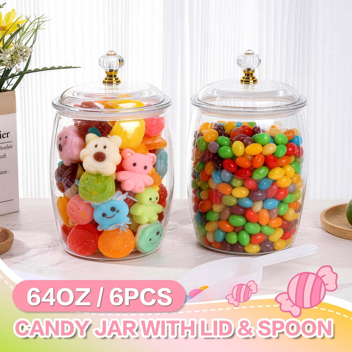 mwellewm 6pc Candy Jar with Lids and Spoons Clear Plastic Cookie Container Airtight Apothecary Storage Organization for Buffet Wedding Home Bar Decoration Festive Display and Everyday Use(64oz)