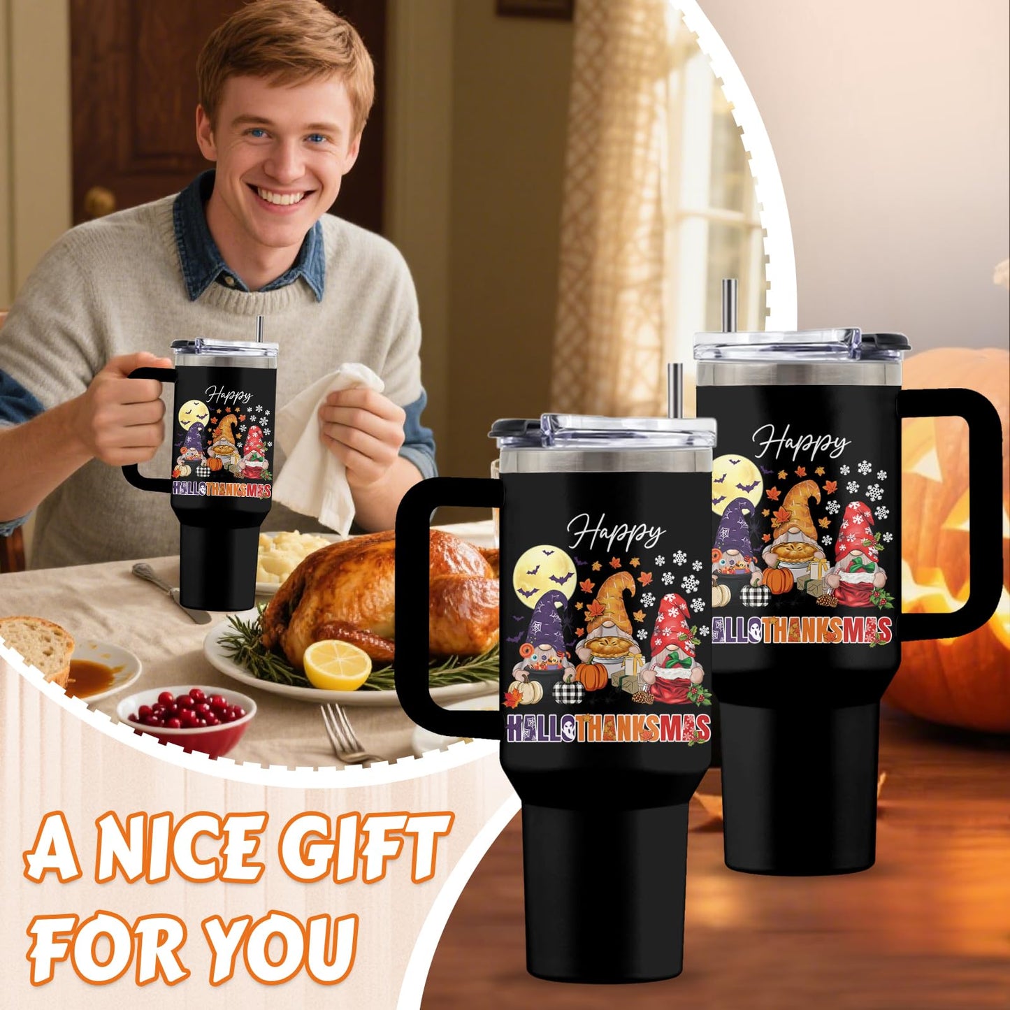 Uibunoo Christmas Tumbler with Handle, Gnome Gifts for Women Men, 40 Oz Fall Gnome Pumpkin Travel Tumbler Coffee Cup Water Bottle, Autumn Thanksgiving Christmas Party Gift for Women, 1 PCS