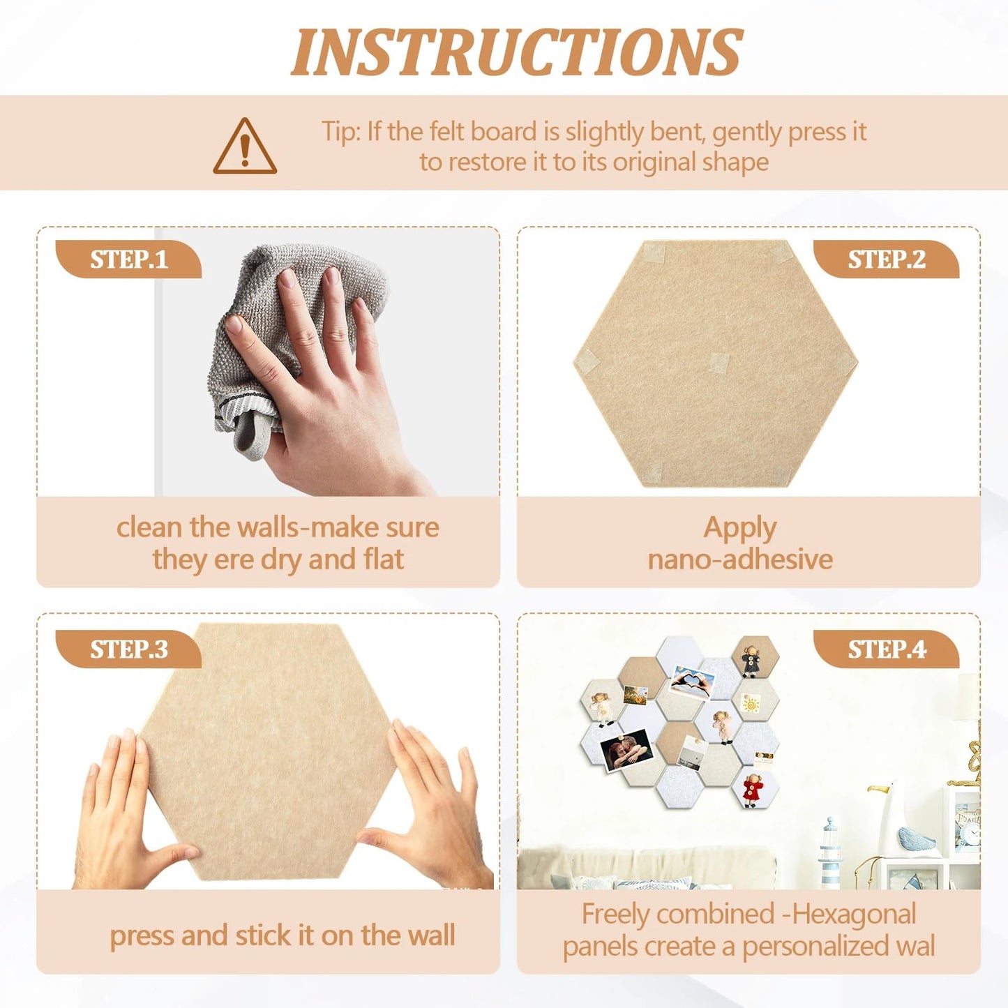 Mindsoft 16 Pcs Hexagon Cork Board for Walls with 50 Wooden Push Pins 12x10 in Felt DIY Tiles Notice with Nano Tape Hanging Bulletin Board for Home Photo Office Memo Note(Retro)