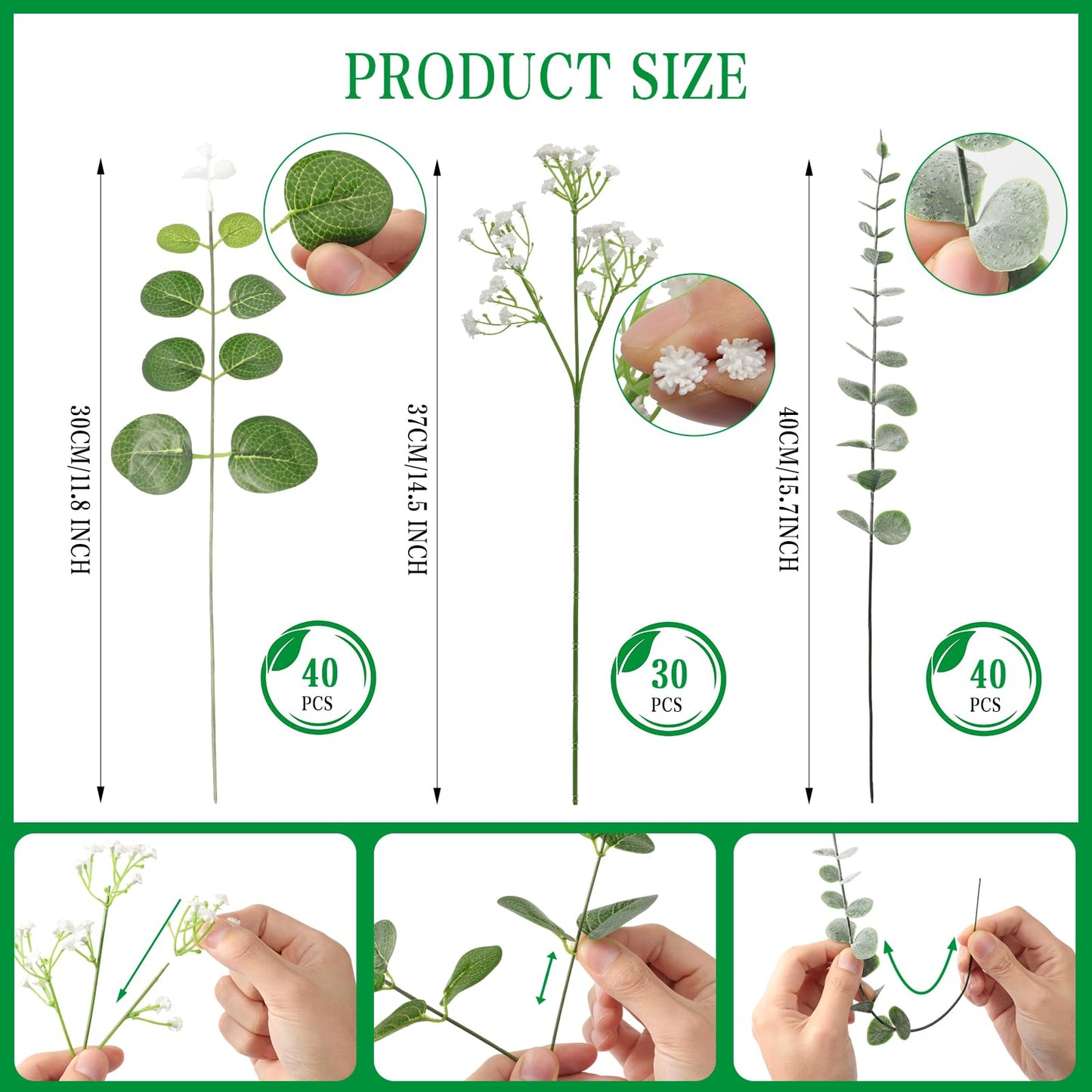 Suaycy 110pcs Mixed Faux Greenery: Real Touch Babys Breath Artificial Flowers Bulk, Eucalyptus Stems & Frosted Silver Dollar for Rustic Wedding Decor, Boho Farmhouse Table Centerpieces