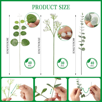 Suaycy 110pcs Mixed Faux Greenery: Real Touch Babys Breath Artificial Flowers Bulk, Eucalyptus Stems & Frosted Silver Dollar for Rustic Wedding Decor, Boho Farmhouse Table Centerpieces