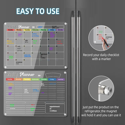 Hivillexun 3-Pack Acrylic Magnetic Dry Erase Calendar Whiteboard Set – Organize Your Refrigerator, Wall, or Fridge with Monthly, Weekly, and Daily Planners, Includes 8 Markers, Large Eraser, and Cloth
