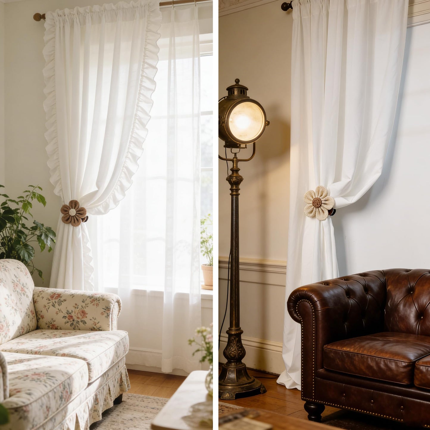 Curtain Tie Backs for Curtain Drapes, Boho Decor Holdback Clamp Farmhouse Tiebacks Clips with Flower for Sheer Curtains, Shabby Chic Drapery Holder, Pack-2
