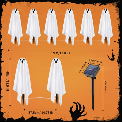 Halloween Decorations, 6 Pack 18.9'' High Solar Small Ghost String Stake Lights 12.8 FT, White Small Cloth Ghost Stakes with 8 Lighting Modes and Waterproof Outdoor Garden/Yard Path Lights, Clod Light