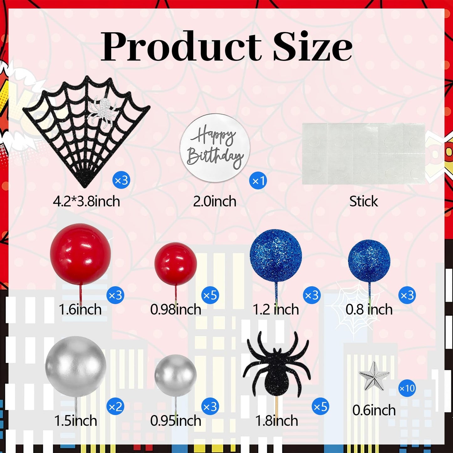ZWLIYCHN Spider Cake Topper 39Pc Spider Web Cake Decorations Spiders Themed Birthday Cake Topper Spiders Cupcake Picks with Star Red Silver Blue Balls Cake Decors for Halloween Boys Men Birthday Party