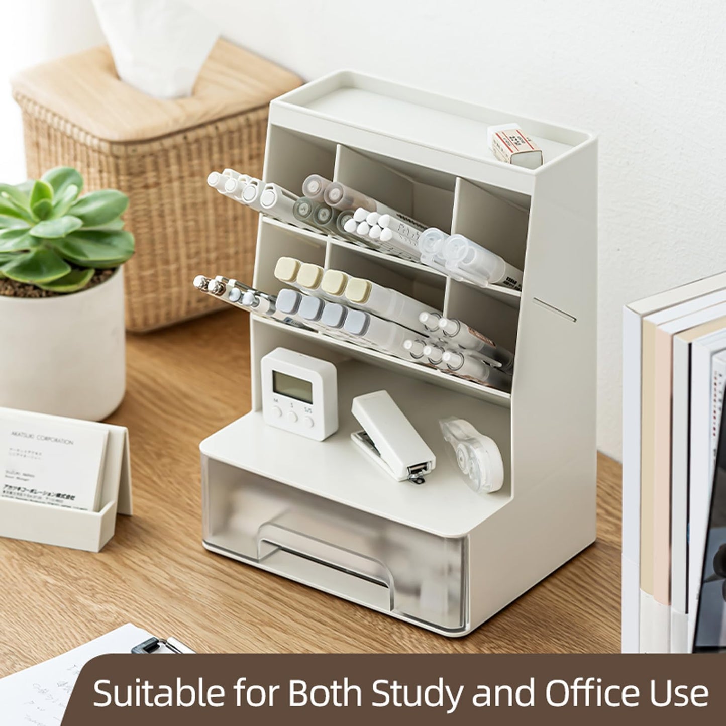 TNDCKP Large Plastic Pen holder with drawer and Vertical 6-Compartment, Dual-Purpose Art Supply Pencil Cup for Office, School, Home (WHITE)