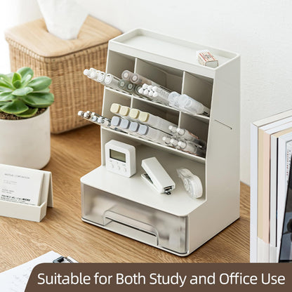 TNDCKP Large Plastic Pen holder with drawer and Vertical 6-Compartment, Dual-Purpose Art Supply Pencil Cup for Office, School, Home (WHITE)