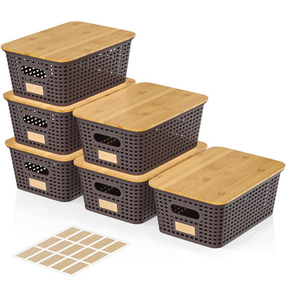 6Pcs Storage Bins with Lids, Stackable Plastic Storage Basket with Bamboo Lid, Pantry Organizer Box Small Containers for Organizing Shelves Drawer Desktop Closet Cabinet Office Classroom 10x7.1x4.1in
