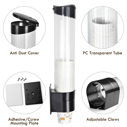LBTING Cup Dispenser, Water Cooler Pull Type Cup Holder Fits 7oz - 12oz Cone or Flat Bottom Cups, Paste or Screw Plate Wall Mount, 16.9" Tube Length Black