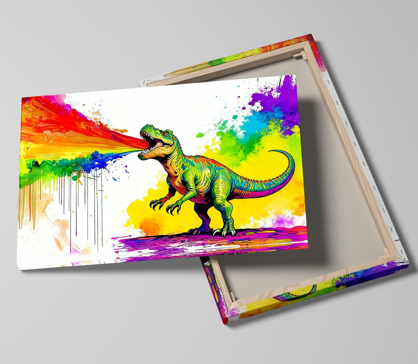 16x24 Graffiti Wall Art Colorful T-Rex Spitting Rainbow Fire Framed Canvas Dianosaur Prints Decor Pop Cartoon Picture Kids Nursey Bathroom Pictures Teen Boys Bedroom Child Funny Animals Posters