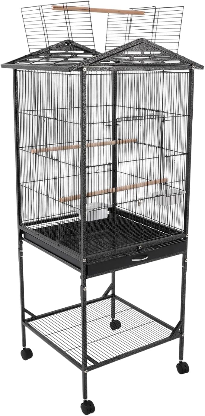 Bird Cage with Stand 54 Inch Birdcages with Pull-Out Tray, Rolling Bird Cage Stand with Wheels for Parakeets, Parrot, Cockatiel, Pigeon, Finch Cage for Birds(Black)