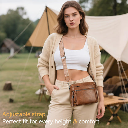 MEITRUE Crossbody Bags for Women, Vegan Leather Crossbody Cell Phone Purse Trendy Multi Pockets Shoulder Handbags with Tassel and Adjustable Strap Brown