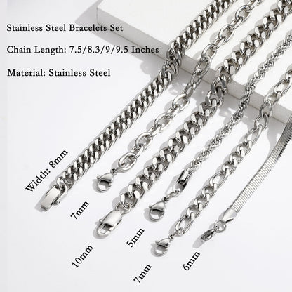 Zocomi Silver Chain Bracelets for Men Stainless Steel Stack Cuban Link Figaro Rope Chains Wrist Band Accessories Metal Bracelet Pack Set Jewelry Gifts Teen Boys Him Male Pulsera Para Hombres 8.3 Inch