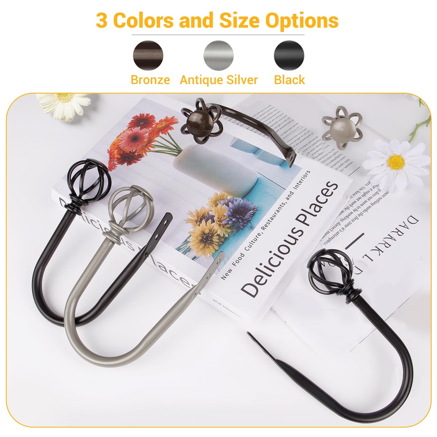 USFOOK 2 Pack Curtain Holdbacks, Decorative Window Drapery Tiebacks (2 Pack/1 Pair), Curtain Tie Back Hooks for Wall with Antique Silver Twisted Cage Finials (3.45" L x 5.35" W)