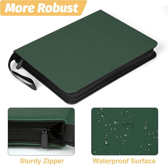 GERMUN 3 Ring 9 Pocket Zipper Card Binder, 720 Double Sided Standard PU Trading Card Album Folder for TCG & Sports Cards, Not Fit Top Loaders (DARK GREEN)