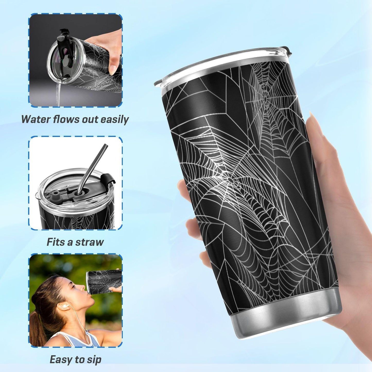 Yasala Halloween Tumbler Spiders Web White Insulated Coffee Cup Back to School Beverage Container Office Travel Mug with Straw and Lid 20oz Holiday Gift Day of The Dead Present