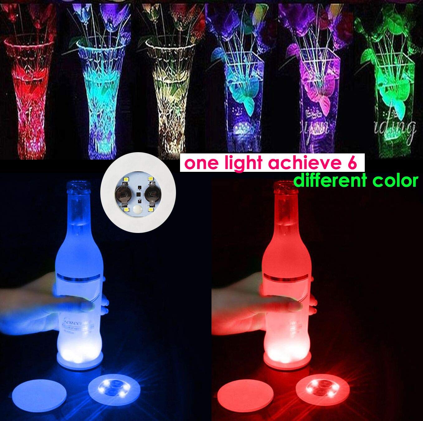 LOGUIDE LED Coaster Discs,12 Pack Light Up Coasters,7Colors RGB LED Bottle Lights,Bottle Glorifier, LED Sticker Coaster Discs Light Up for Drinks, Flashing Shotb Light (Multicolor)