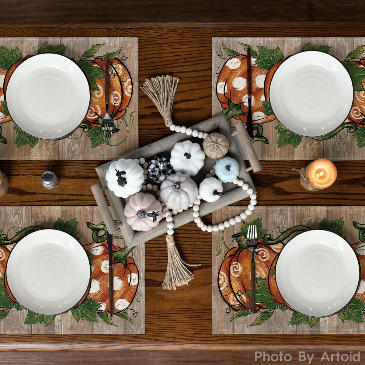 Artoid Mode Wood Polka Dot Pumpkins Fall Placemats Set of 6, 12x18 Inch Seasonal Table Mats for Table Runner Party Kitchen Dining Decoration
