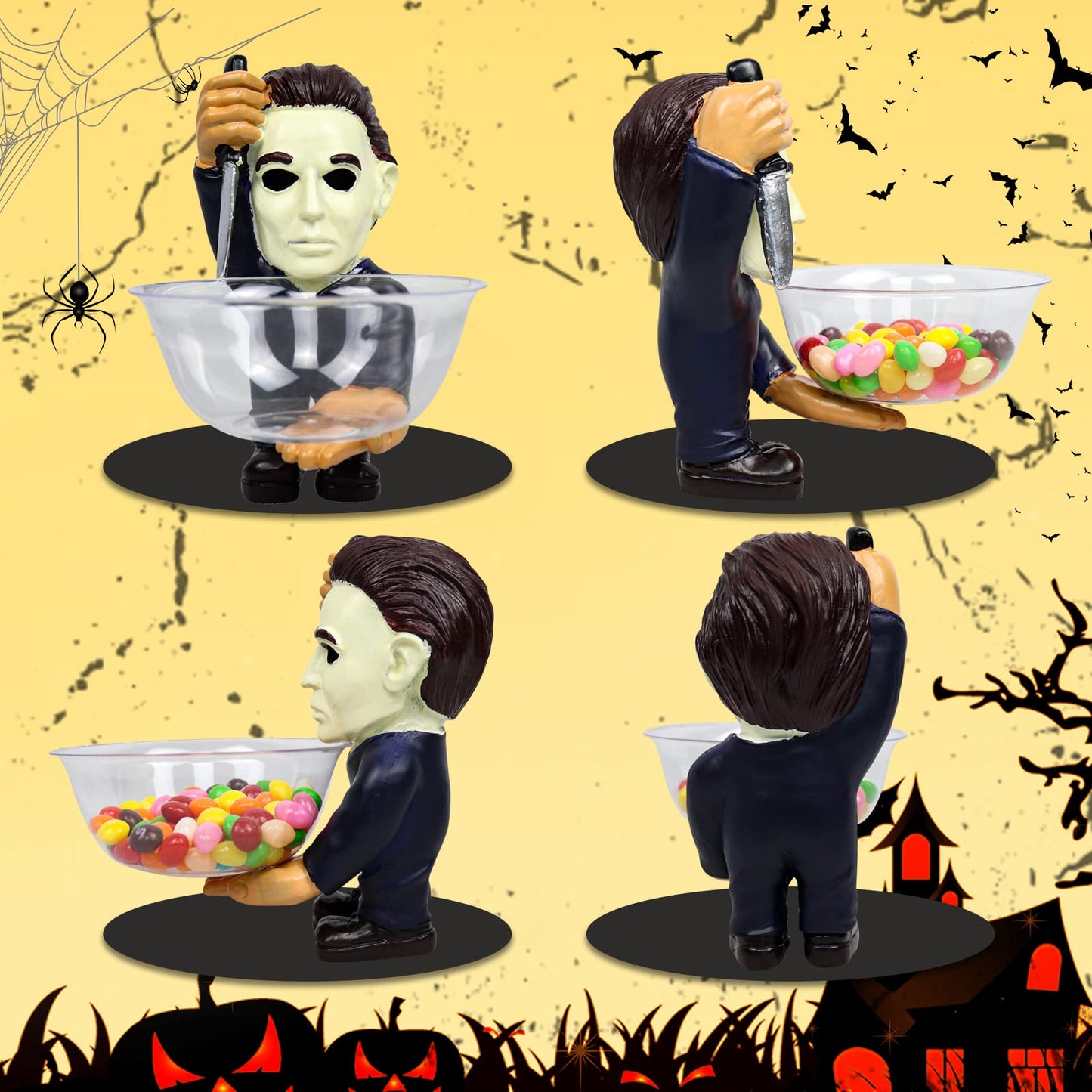 GOBWCOT Halloween Candy Bowl Holder Horror Movie Gnomas Candy Dish Scary Killer Figurines Statue Kitchen Ornaments Jar (Statue A)